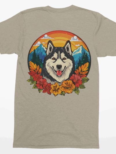 🍂 Siberian Husky Fall Shirt – Husky with Leaves & Mountain Background | Dog Lovers Tee